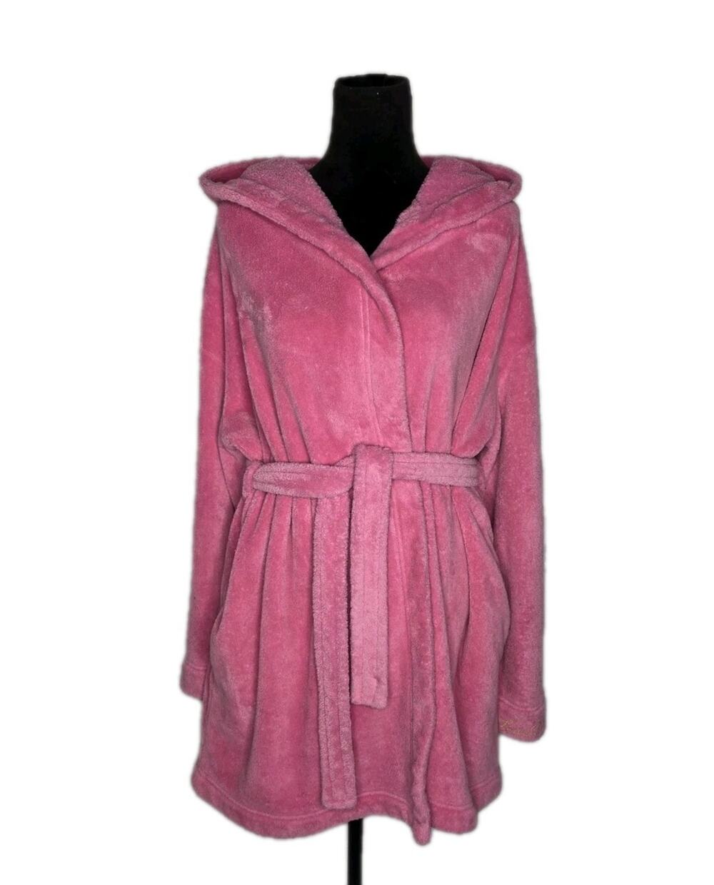 PINK Victoria's Secret Sherpa Plush Belted Hooded Pink Robe Gold Sequin Logo M/L